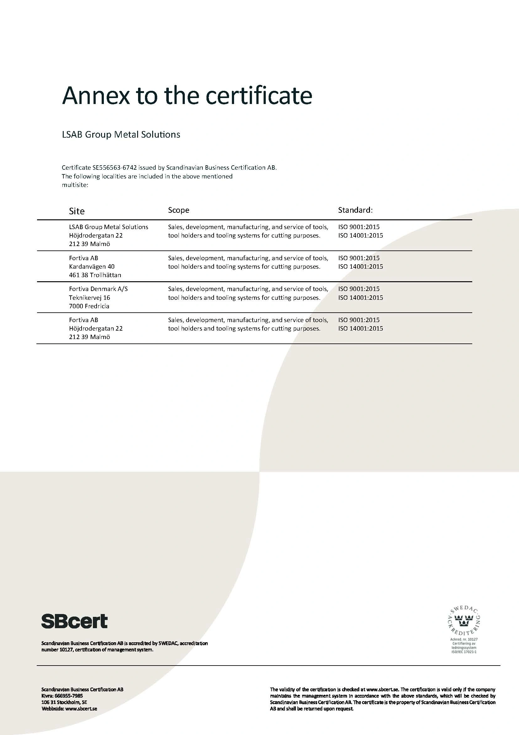 Annex to certificate LSAB-Group-Metal-Solution
