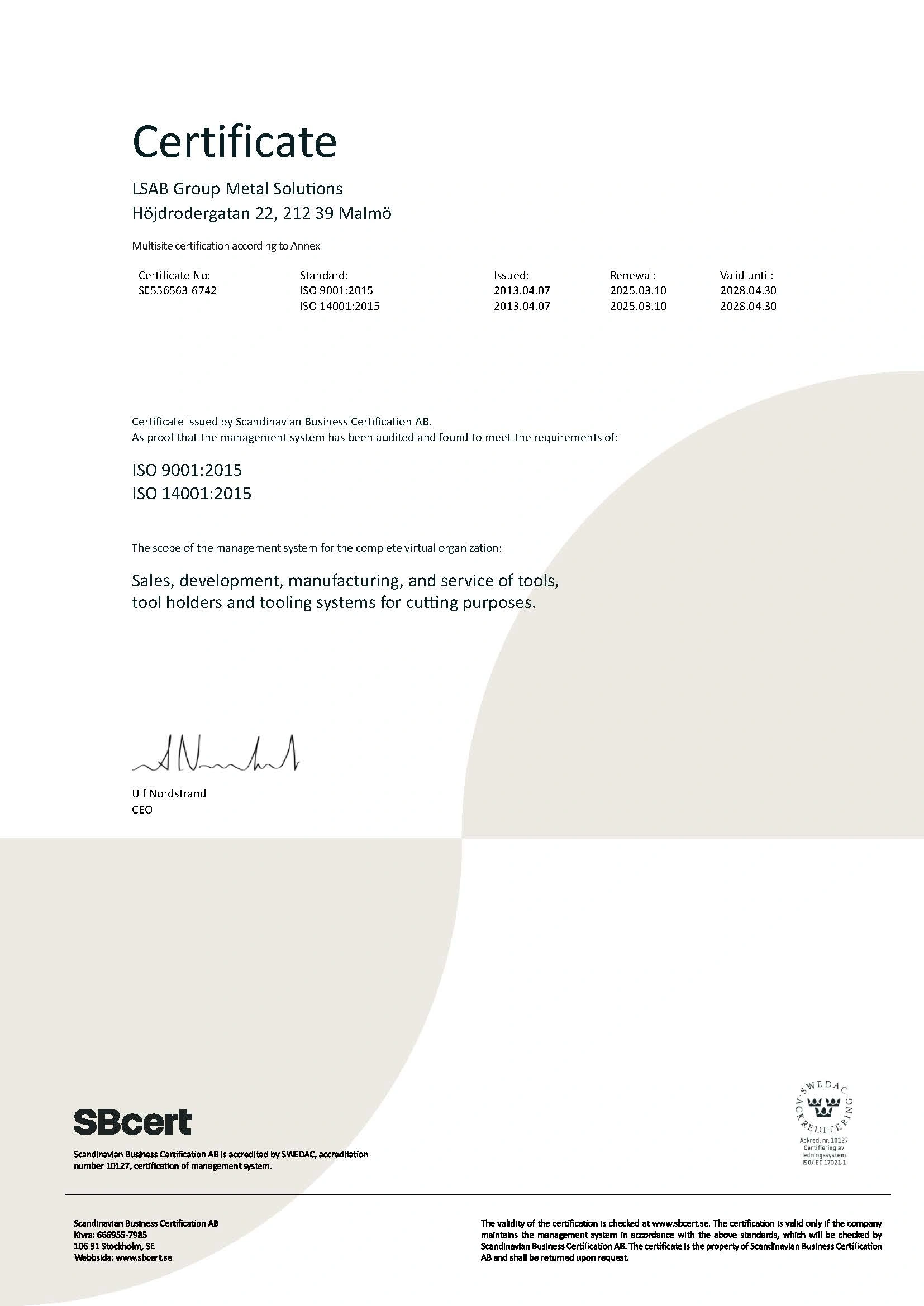 Certificate LSAB Group Metal Solutions