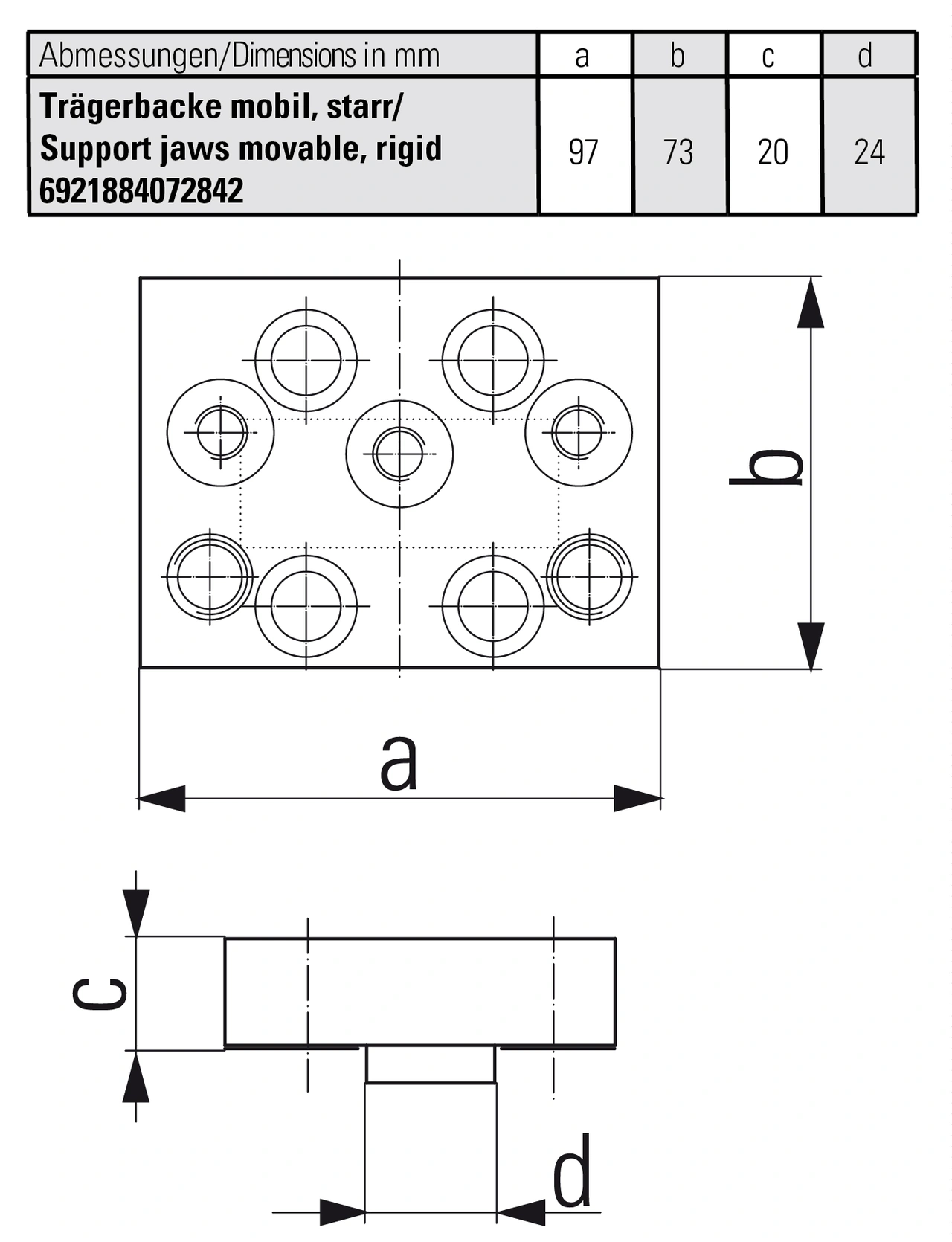 Support jaw movable, rigid