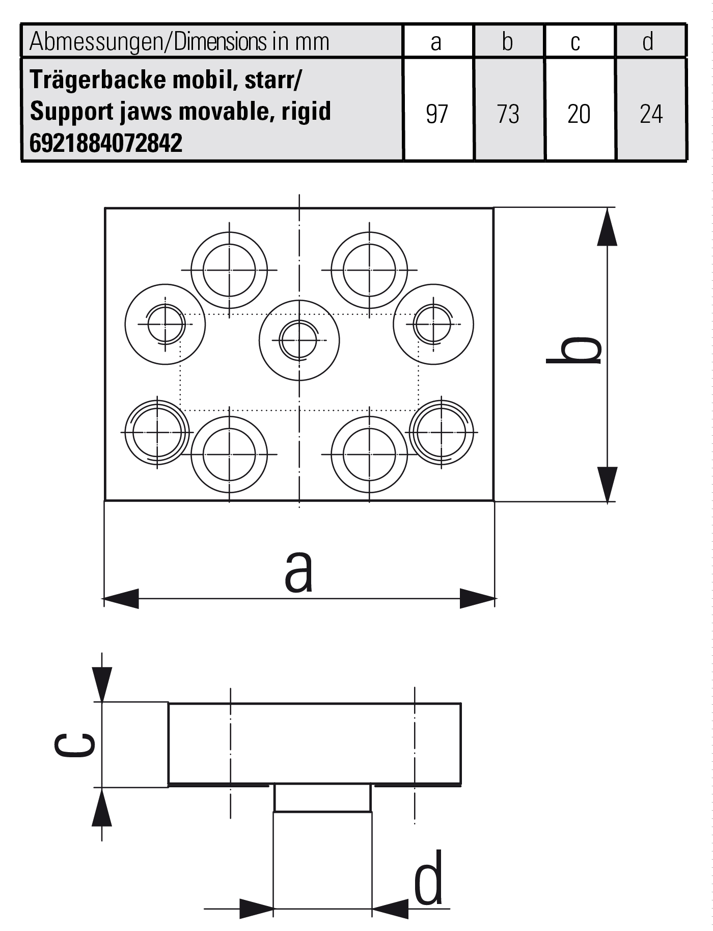 Support jaw movable, rigid